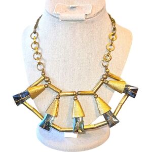 Y2K VTG Pam Hiran‎ for Anthropologie Blue Glass Gold Tone Statement Necklace 24"